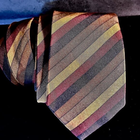 Yves Saint Laurent YSL Mens Tie Silk Neckwear Striped Neutral Red Gray Brown - Picture 3 of 6